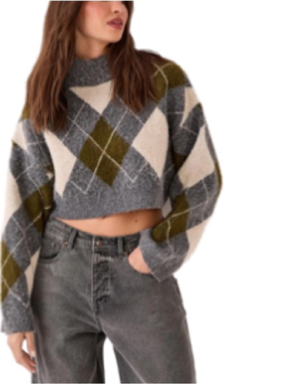 Nasty Gal Olive, Gray & Cream Argyle Cropped Sweater Sz S Women